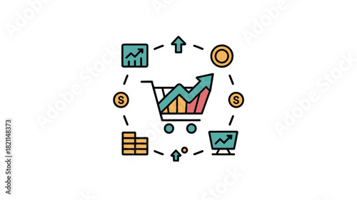 Shopping cart graphic with rising graph and coins illustrates business growth and profit.
