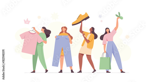 A vibrant vector illustration featuring a group of four diverse figures with one figure prominently holding a bright pink object rendered in a modern clean style with bold colors and clear lines
