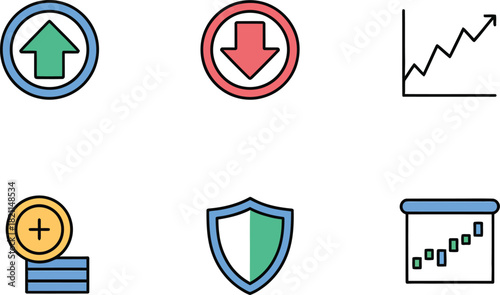 A collection of financial and business-related icons including arrows, charts, and money symbols.