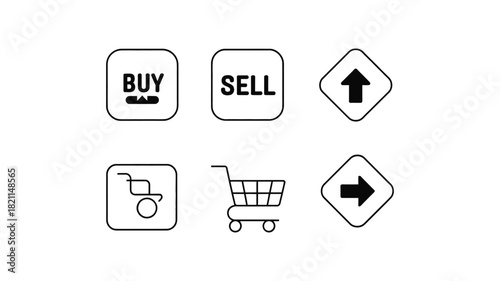 Icons for buying, selling, and navigation are arranged in a grid with a shopping cart and wheelchair.
