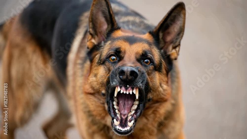 Aggressive German Shepherd baring teeth on street background, dangerous dog, attack warning, rabies risk, tetanus threat, zoonotic disease danger, stray aggression, infection prevention
