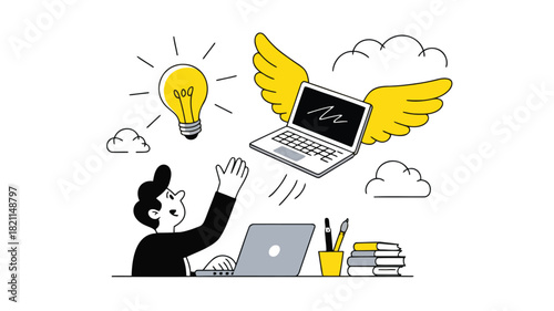 Modern cartoon workspace scene with a laptop desk and office supplies for creative projects