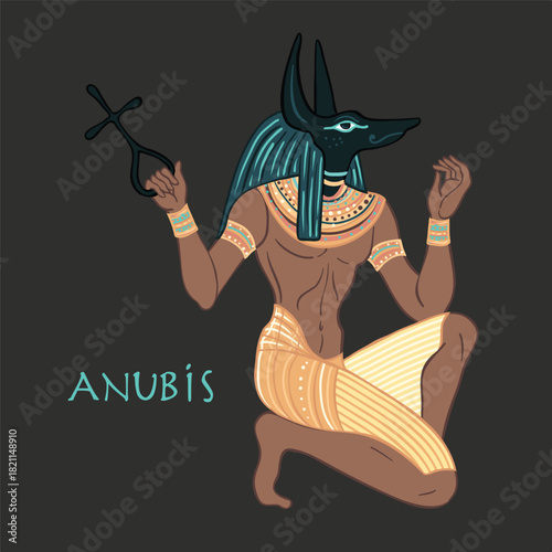 Portrait of Anubis. in Ancient Egyptian, god of death, mummification, embalming, the afterlife, cemeteries, tombs, and the Underworld. Vector isolated illustration. A man with the head of a jackal or