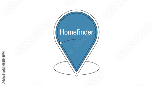 A blue location pin with the word 'Homefinder' inside is displayed on a white background.