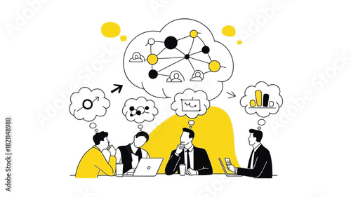 Minimalist illustration of a brainstorm session with lightbulb and abstract shapes