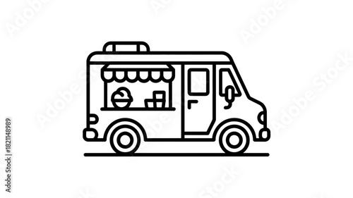 A clean line drawing of a food truck with an awning extended.