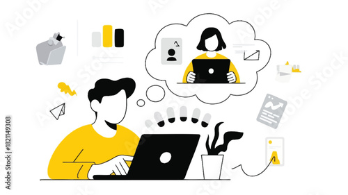 Minimalist illustration of a person actively engaged in using a digital device with clean lines and vibrant colors