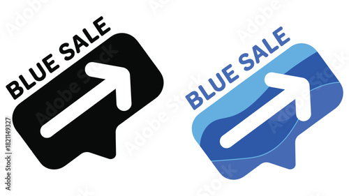 Two blue sale icons with an upward arrow are displayed side by side.