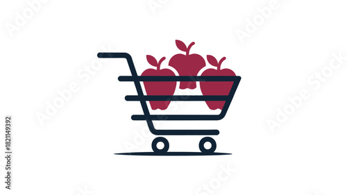 A shopping cart filled with three ripe red apples on a white background.