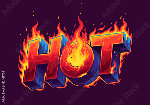 Fiery HOT Text Illustration with Cartoon Fireball, Bold Typography