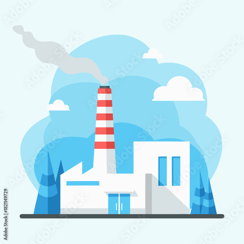A flat design vector illustration of an industrial factory plant with a tall chimney producing smoke, representing manufacturing and air pollution