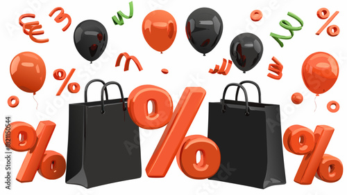 A festive sale scene with black shopping bags, orange balloons, and percentage symbols scattered around