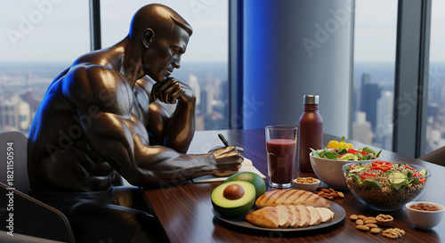 Proper nutrition for muscle gain, a statue of an athlete at a table with a variety of healthy dishes for a bodybuilder.