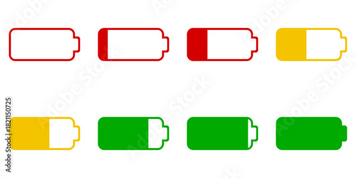 Sprite Sheet of Horizontal Battery Charging Full or High or Empty Low Battery Power Load Red Yellow and Green Symbol Sign Icon Set. Vector Image.