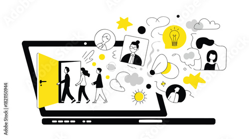 Modern laptop with an open door representing access opportunity or digital entry in a clean graphic style