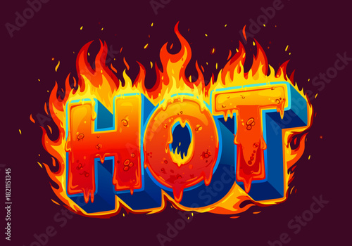 Vibrant 3D typography illustration of the word 'HOT' engulfed in dynamic, blazing flames, creating an intense and energetic visual effect for attention-grabbing designs