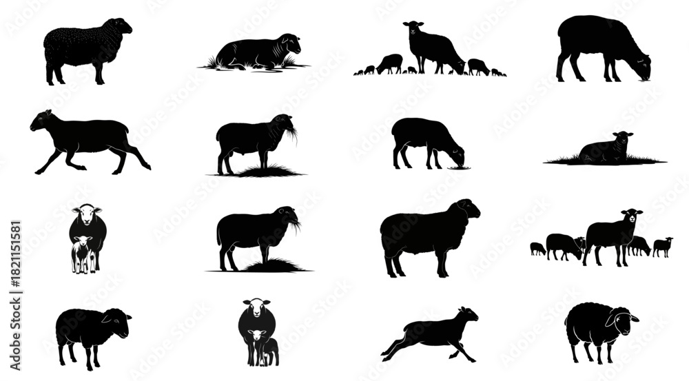 Naklejka premium pastoral grace versatile sheep silhouettes reflecting rural essence and tranquil forms, isolated on transparent background