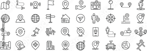 Route and Location Line icon set – Navigation, Map, Pin, GPS, Place, and Direction Line icon pack