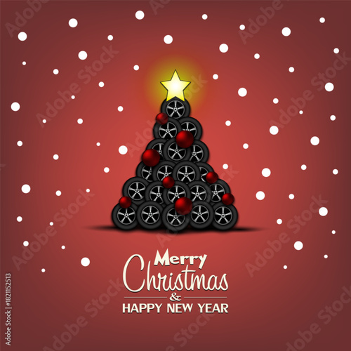 Merry Christmas and Happy New Year. Christmas tree made of car wheels. Snowflakes on the background. Greeting card design template with for new year. Vector illustration