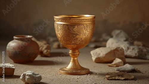 Ornate Vintage Golden Goblet Surrounded by Ancient Artifacts and Stones