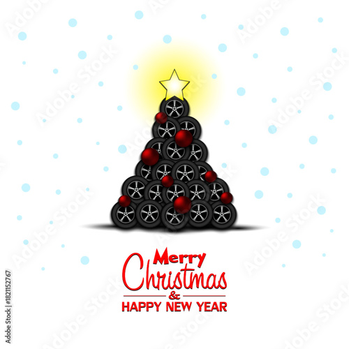 Merry Christmas and Happy New Year. Christmas tree made of car wheels. Snowflakes on the background. Greeting card design template with for new year. Vector illustration