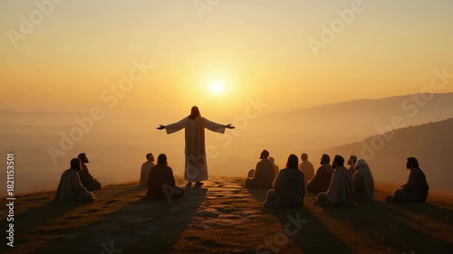 Jesus teaching disciples at sunrise on mountain, biblical scene, Christian faith, New Testament moment, spiritual gathering, religious symbolism