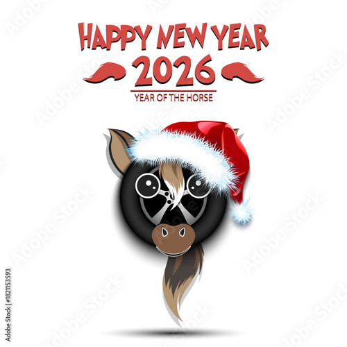 Happy New year. 2026 year of the horse. Cute muzzle horse in the form of a car wheel. Car wheel in the form of a horse. Greeting card design template. Vector illustration
