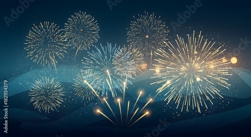 Festive golden and blue fireworks explode in a dark night sky background.