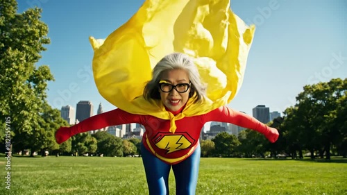 Senior Super Hero soaring in park.