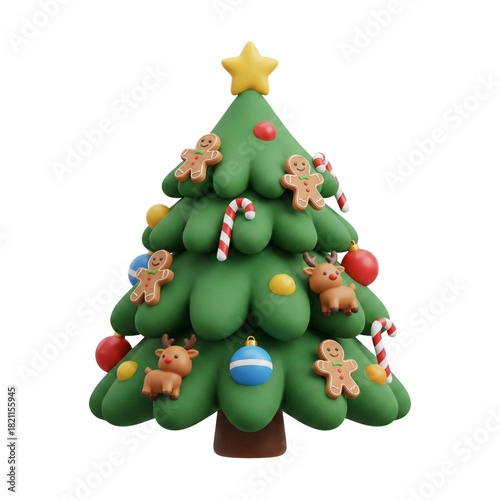 Cute 3d christmas tree decorated with gingerbread and reindeer