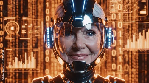 Senior woman in futuristic helmet.