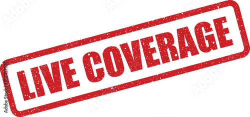 Distressed red rubber stamp impression with LIVE COVERAGE text, prominently featured for broadcast notifications