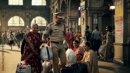 Police officer assists elderly woman at busy railway station in India