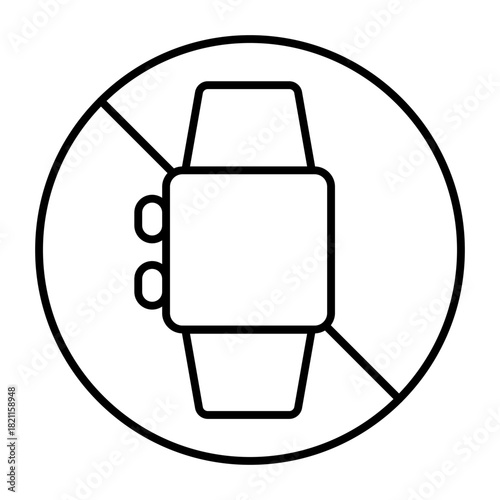 No symbol with wrist smart watch thin line icon, prohibition concept, wearable electronics is banned sign on white background, outline style for mobile web design. Vector graphics.