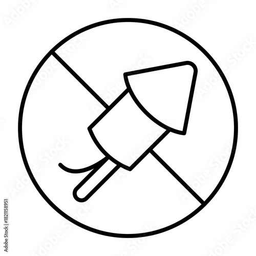 No sign with rocket with wick thin line icon, prohibition concept, fireworks is banned sign on white background, outline style for mobile web design. Vector graphics.