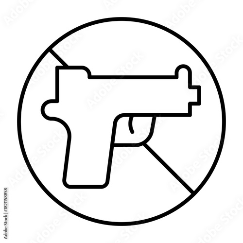 No symbol with pistol weapon thin line icon, prohibition concept, gun shooting is forbidden sign on white background, outline style for mobile web design. Vector graphics.
