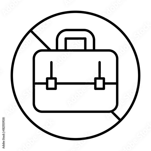 No sign with briefcase or suitcase thin line icon, prohibition concept, business is not allowed sign on white background, outline style for mobile web design. Vector graphics.