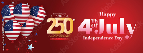 Red themed USA 250th anniversary and 4th of July combined banner for patriotic celebration events