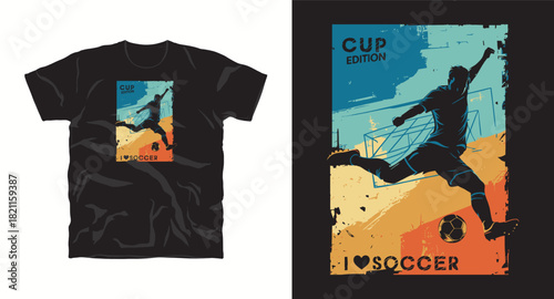 Grunge soccer player kick t-shirt edition design