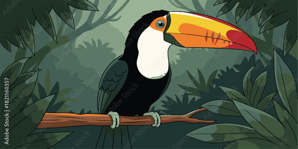 Naklejka premium Colorful tropical wild toucan with a large yellow beak on a branch in the rainforest