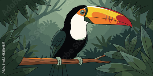 Colorful tropical wild toucan with a large yellow beak on a branch in the rainforest