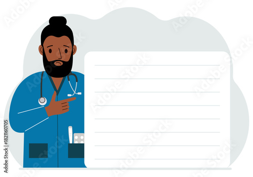 Sad man doctor holding a file with blank paper for text. Vector