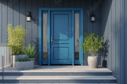 Contemporary home entrance featuring a vibrant blue door flanked by potted greenery under strong sunlight