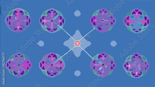Eight floral shapes arranged symmetrically around a central star on a blue background design pattern