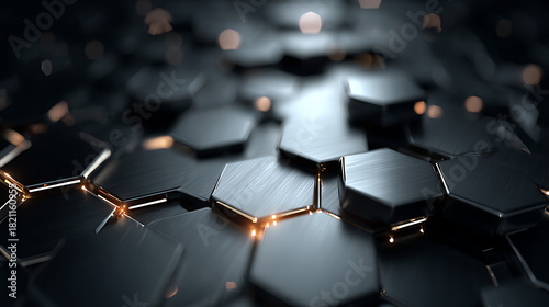 Fototapeta Naklejka Na Ścianę i Meble -  Abstract technology background with black metallic hexagonal tiles and glowing orange lights, futuristic geometric armor pattern 3d render