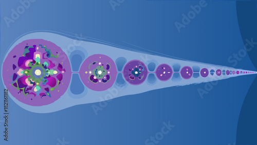 Abstract design featuring a series of interconnected circles diminishing in size on a blue background