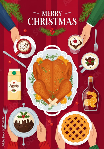 A vector illustration in a trendy retro style showing a table full of holiday food items for a Christmas or New Year celebration. Christmas Dinner On Table Top View. Christmas and New year invitation