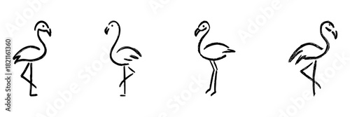 Flamingo Line Icon Set In Doodle Style. Elegant Bird, Wildlife, And Nature Symbol Outline Sketch Collection. Hand Drawn Isolated Vector Illustration