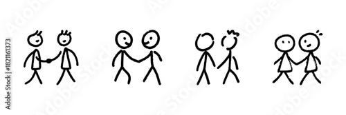 Stick Figure People Interacting Line Icon Set In Doodle Style. Social Interaction, Communication, And Relationship Building Outline Sketch Collection. Hand Drawn Isolated Vector Illustration