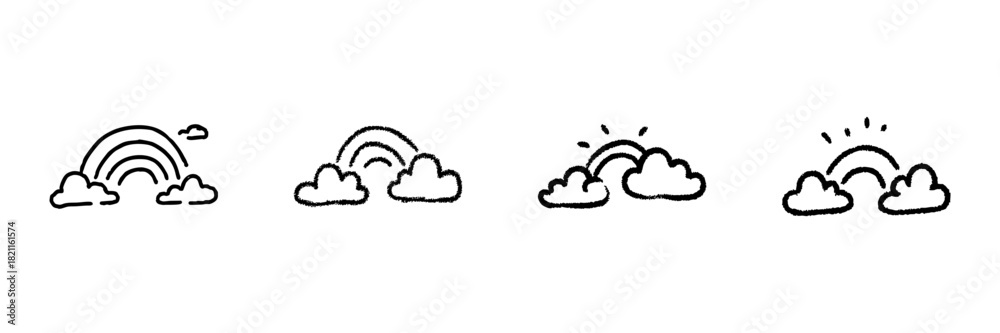 Naklejka premium Rainbow And Clouds Line Icon Set In Doodle Style. Weather, Hope, And Positivity Symbols Outline Sketch Collection. Hand Drawn Isolated Vector Illustration